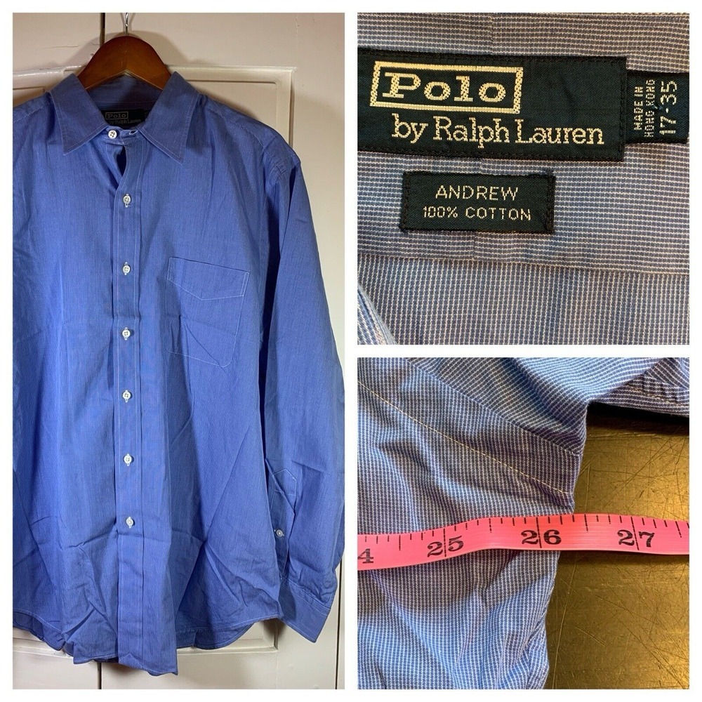 VTG Polo Ralph Lauren Andrew Shirt Mens XL 17 35 Blue Stripe Preppy Old‎ Money